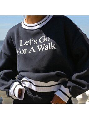 YLW Women's Sz M Lets Go For A Walk Sweatshirt Navy & White Ribbed Trim
